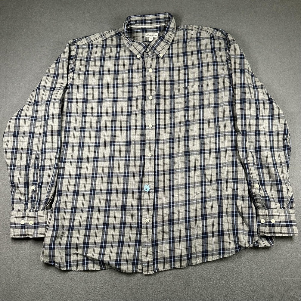 Peter Millar Flannel Shirt Mens 2XL Gray Blue Plaid Long Sleeve Button Down